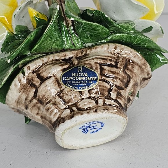 Vintage Nuova Capodimonte Yellow Porcelain Rose Flower Basket Italy *Chipped - Picture 8 of 12